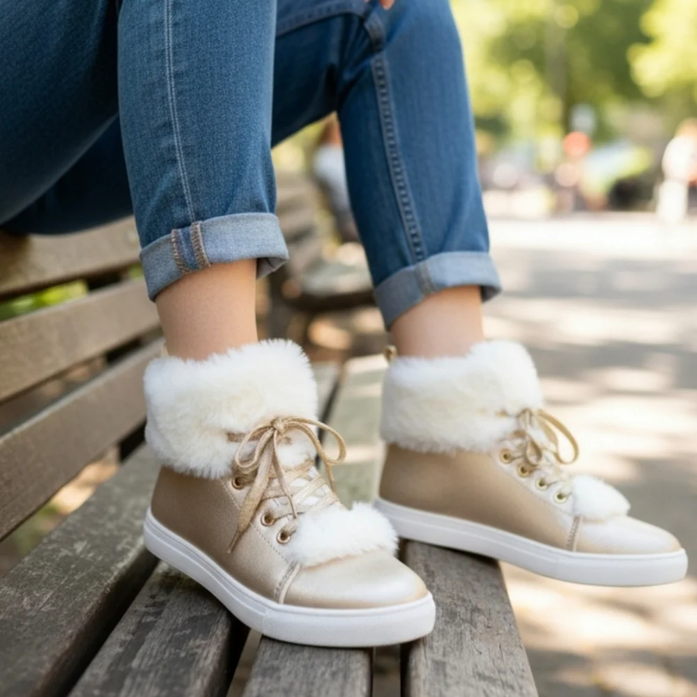 Fabkids ✦ High-Top Sneakers ✦ Gold Faux Fur Plush Ankle Lace-Up Grip Sole 4 NWT